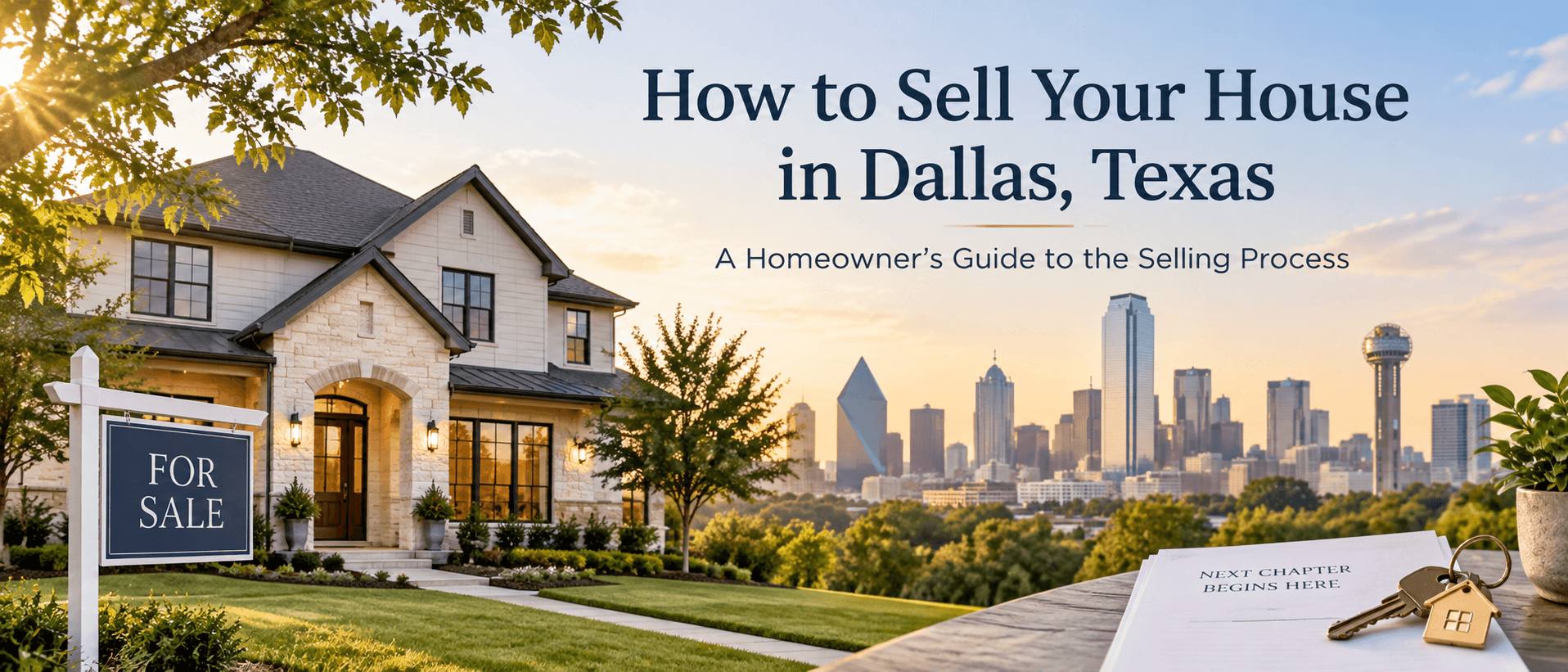 Dallas home for sale with Dallas skyline and home selling documents